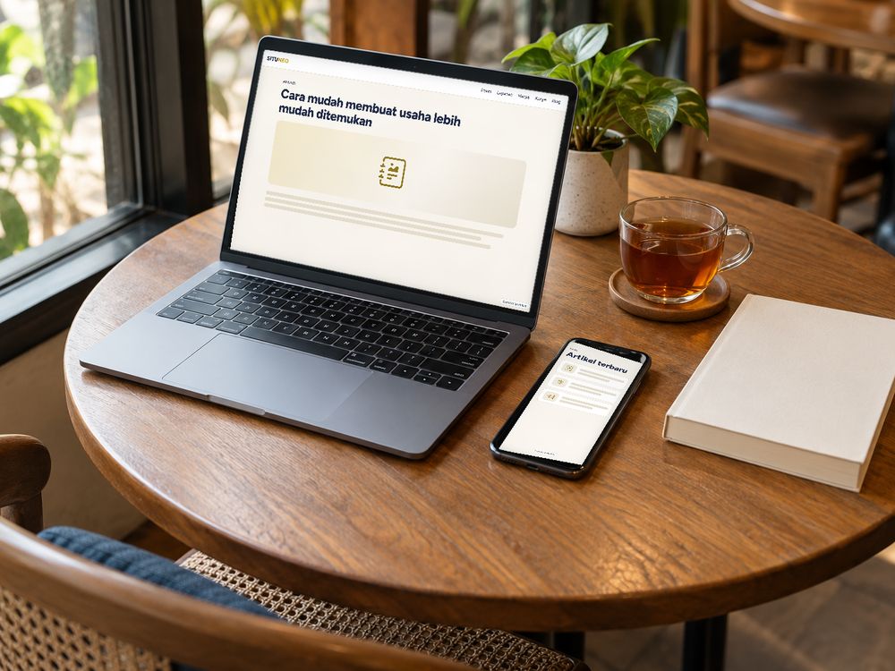 Foto suasana (dibuat AI): laptop dan ponsel di meja kafe. Isi layar adalah contoh artikel blog buatan SITUNEO.