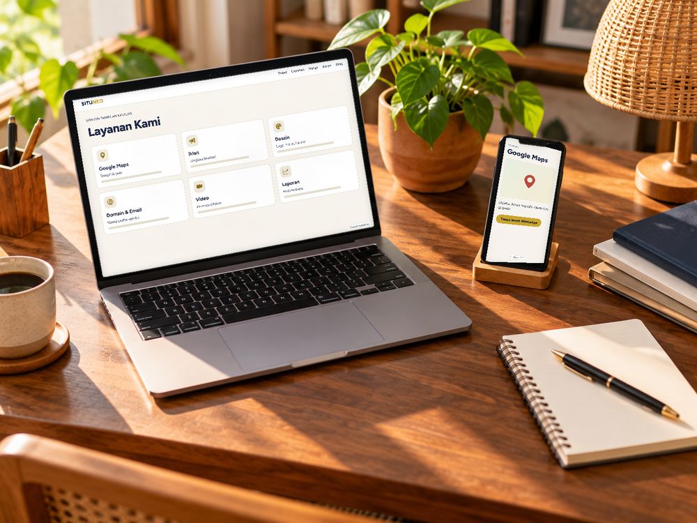 Foto suasana (dibuat AI): laptop dan ponsel di meja kayu. Isi layar adalah contoh katalog layanan buatan SITUNEO.