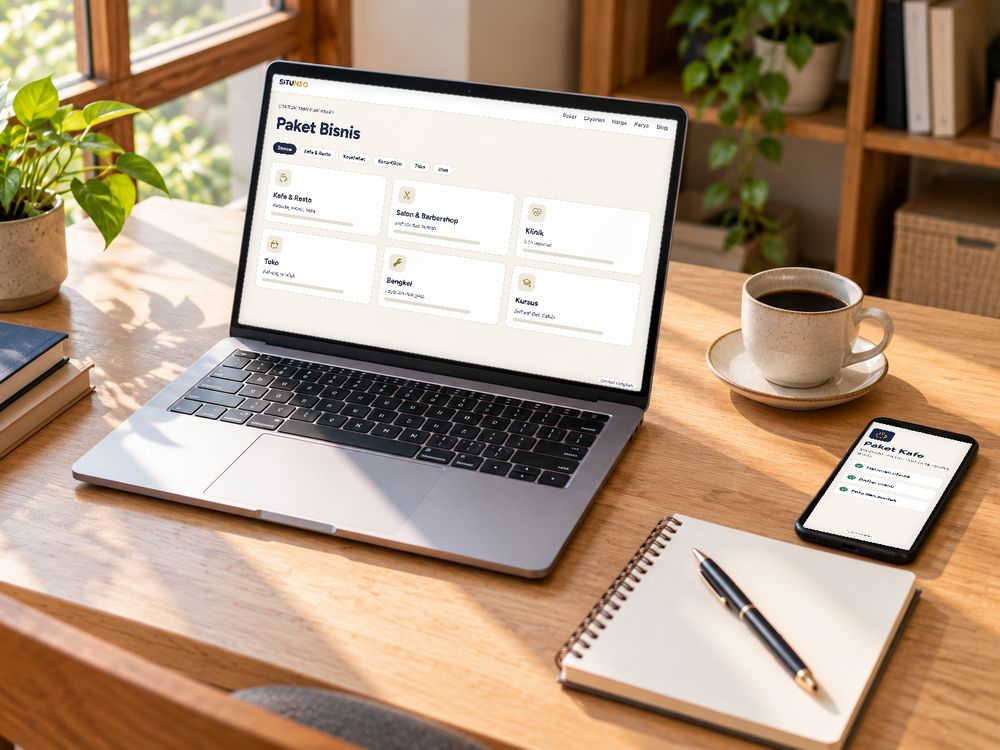 Foto suasana (dibuat AI): laptop dan ponsel di meja kayu. Isi layar adalah contoh daftar paket buatan SITUNEO.