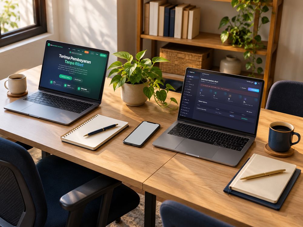 Foto suasana (dibuat AI): dua laptop di meja kerja. Isi layar adalah tampilan NEO Payment Gateway dan POSTYVO.