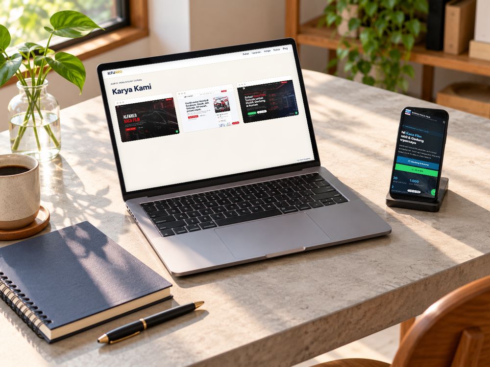 Foto suasana (dibuat AI): laptop dan ponsel di meja batu. Layar menampilkan karya situs SITUNEO yang sudah tayang.